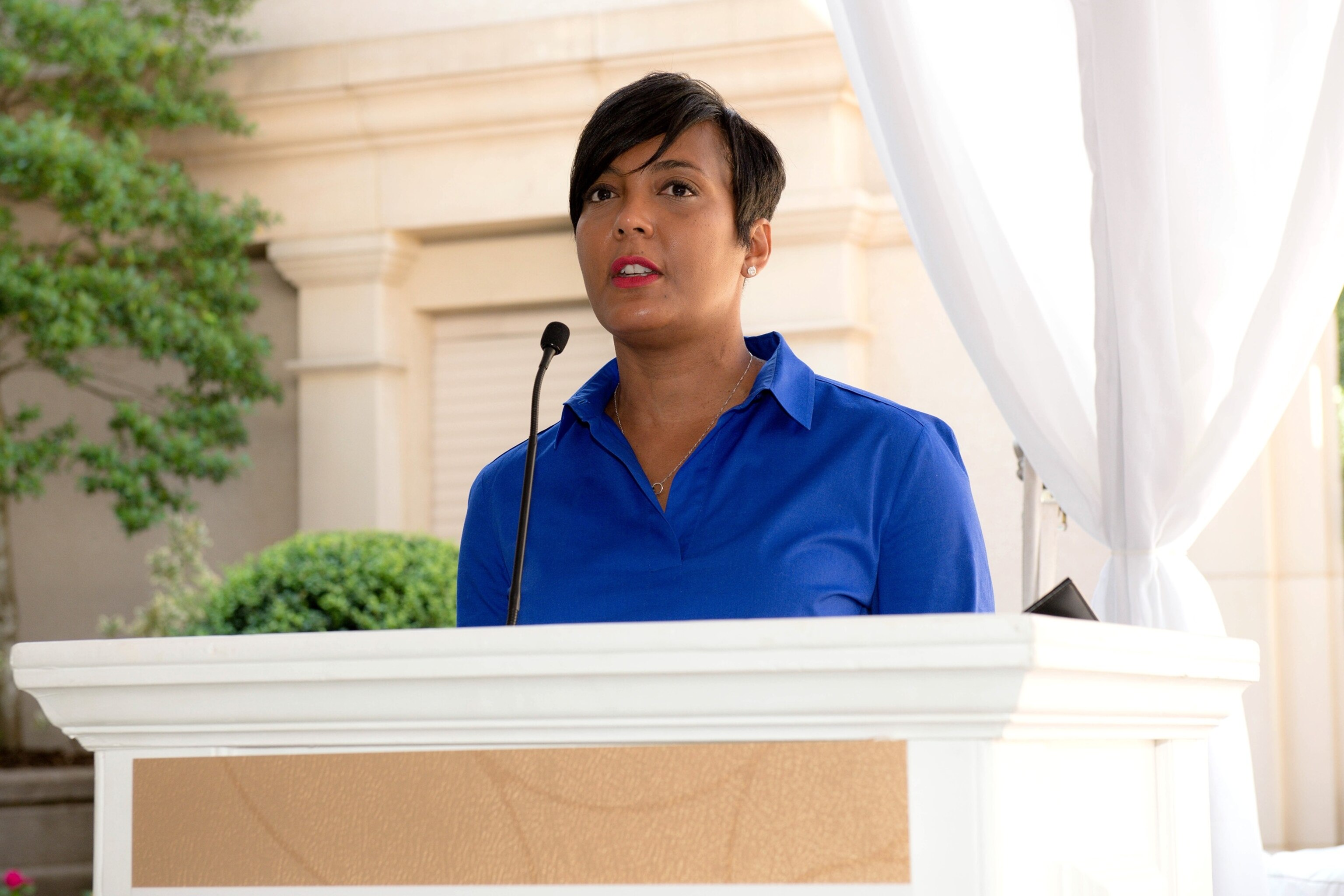 In this June 17, 2019, file photo, Atlanta Mayor Keisha Lance Bottoms speaks onstage during the City of Hope - Sylvia Rhone Spirit Of Life Kickoff Breakfast at St. Regis Buckhead in Atlanta, Georgia.Marcus Ingram/Getty Images for City Of Hope, FILE