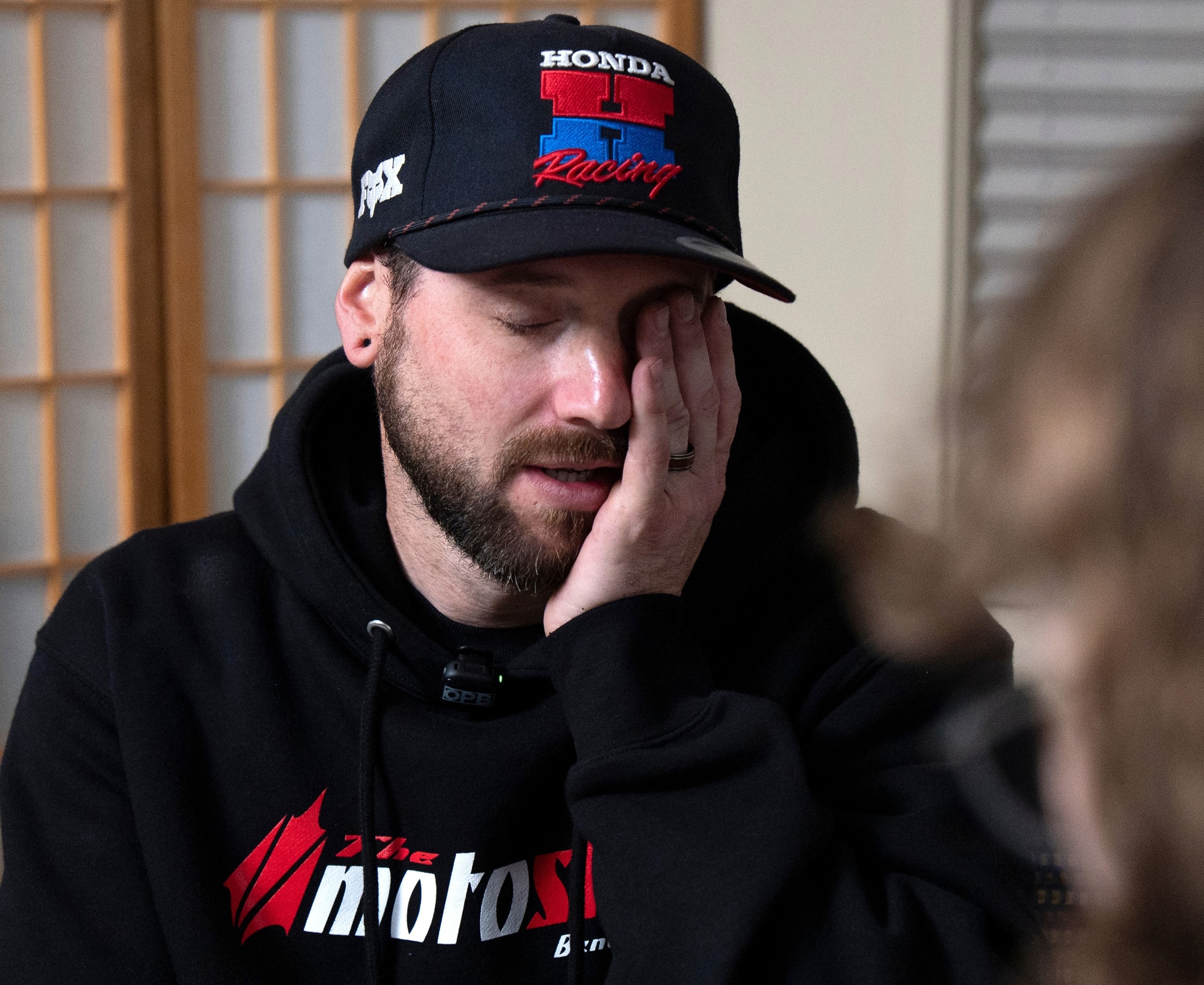 Kaylub Giamanco, who fatally shot an attacker who had killed three students and a teacher at Silver Rail Elementary School, reacts as he sits for an interview on Oct. 22, 2026 in Bend, Ore.Saskia Hatvany/Oregon Public Broadcasting via AP