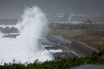 Waves generated by Typhoon Champi crash against a seawall in Keelung.Photograph: Ann Wang/Reuters