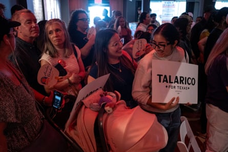 People hold signs supporting James Talarico at a rally in Temple, Texas on Friday.Photograph: Joel Angel Juarez/Reuters
