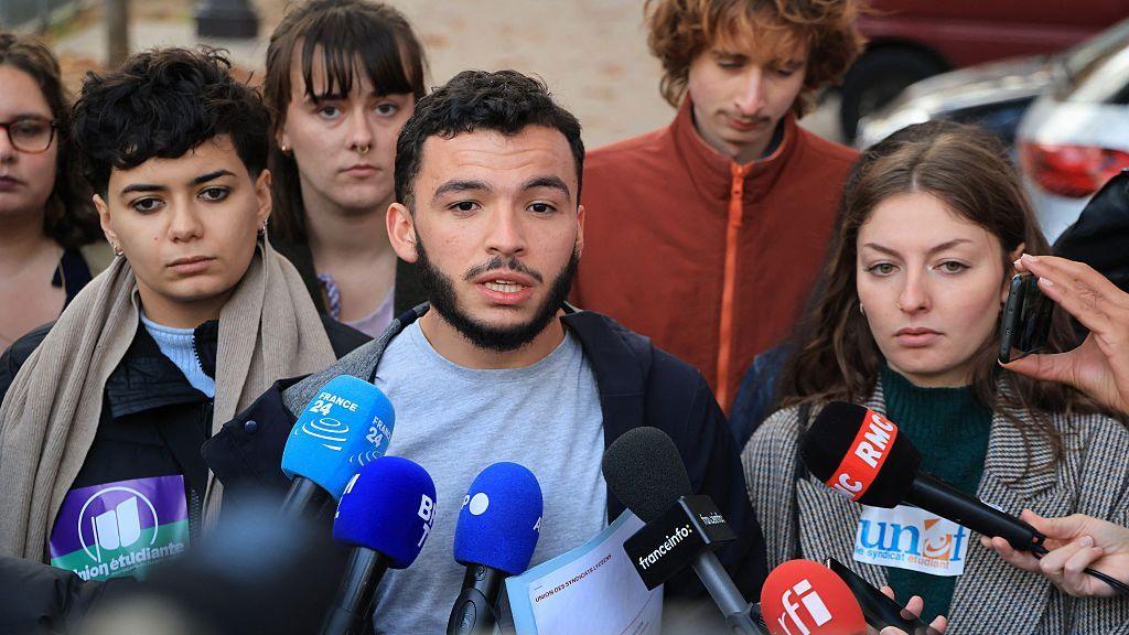 Image caption,Leaders of student groups spoke to the media after holding talks with Macron on Friday