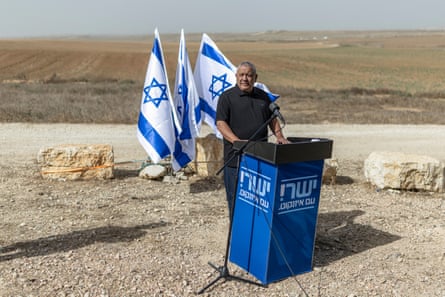 Gadi Eisenkot, a former army chief of staff and head of the Yashar party, delivers an address on the campaign trail. In an obvious reference to Benjamin Netanyahu, he has called for a ‘country without lies’.Photograph: Ilia Yefimovich/AFP/Getty Images