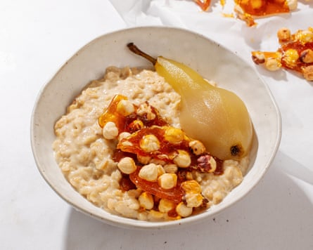 ‘Wee porridge’ with hazelnut praline brittle and a poached pear at Cafe Cuil on the Isle of Skye.Photograph: PR Handout