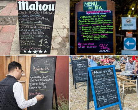 A selection of daily menus on chalkboards in Madrid. They typically consist of a simple starter, a hearty main and a choice of pudding or coffee with bread and a drink thrown in.