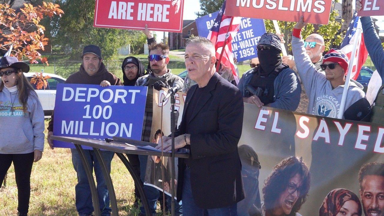 Image caption,Bovino recently addressed a rally by activists in Michigan who are calling for authorities to deport Democratic US Senate candidate Abdul El-Sayed