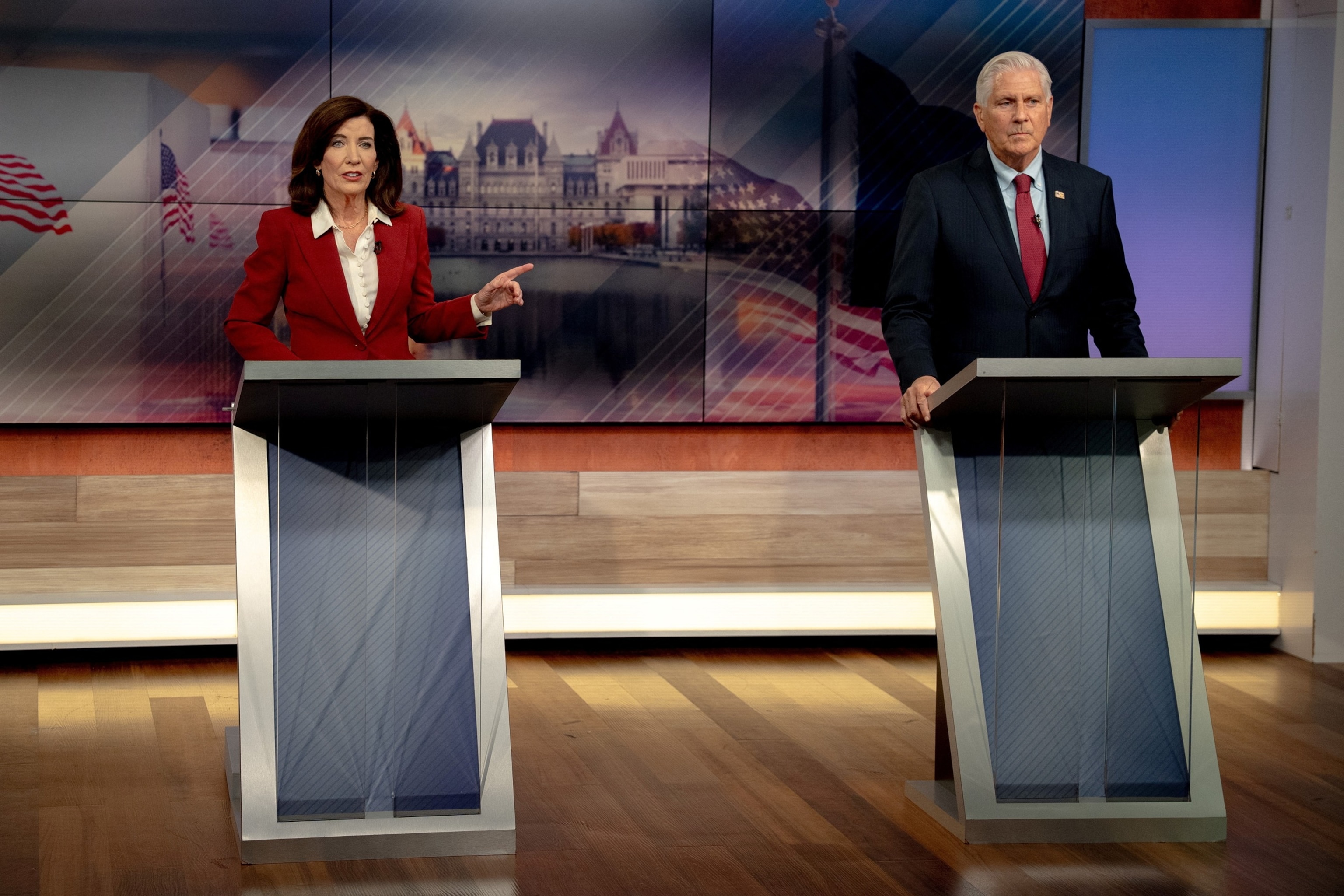 Democratic incumbent Governor Kathy Hochul and Republican challenger Bruce Blakeman face off in the only scheduled debate ahead of the November New York gubernatorial election, at the Spectrum News NY1 studios, in New York, US, Ocotober 13, 2026.Anna Connors For The New York Times/via Reuters