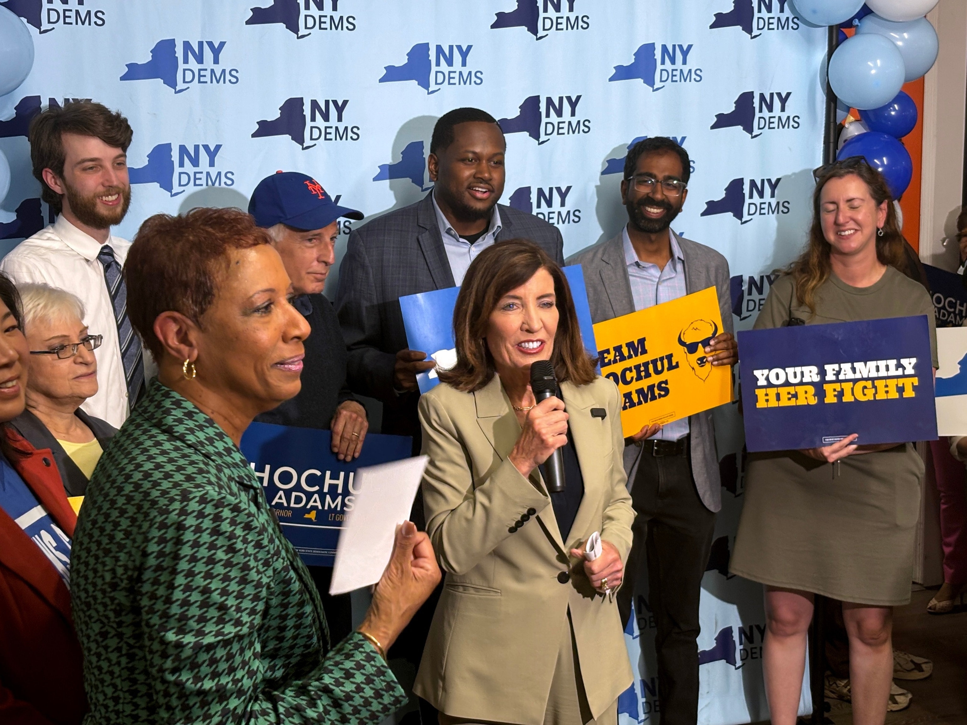 New York Gov. Kathy Hochul (center) and her running mate, former New York City Council Speaker Adrienne Adams (left), speak at a campaign event in Jamaica, New York.Jared Kofsky/ABC News