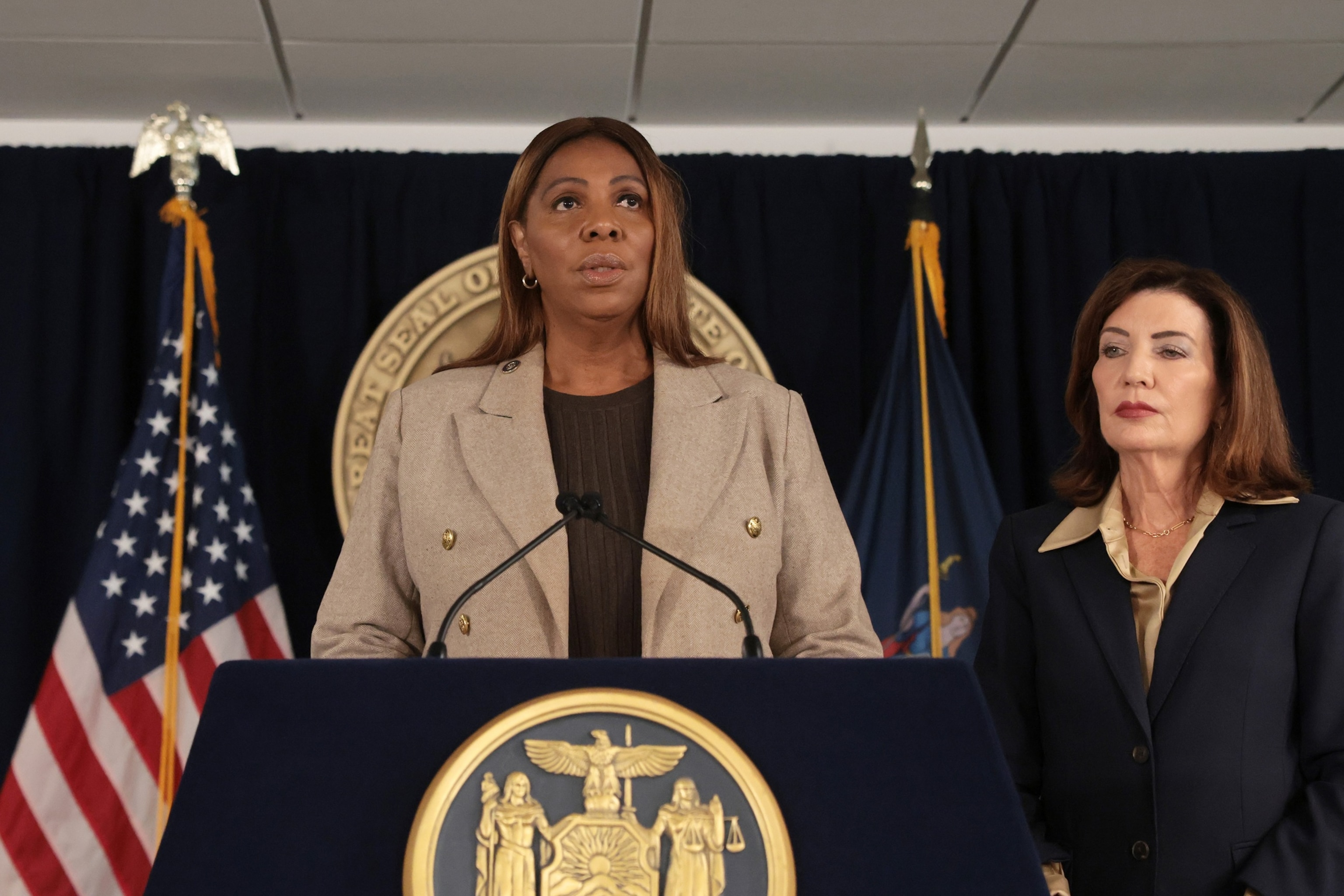 New York Attorney General Letitia James (left) stands with New York Governor Kathy Hochul at a news conference in Manhattan on October 02, 2026 in New York City.Spencer Platt/Getty Images