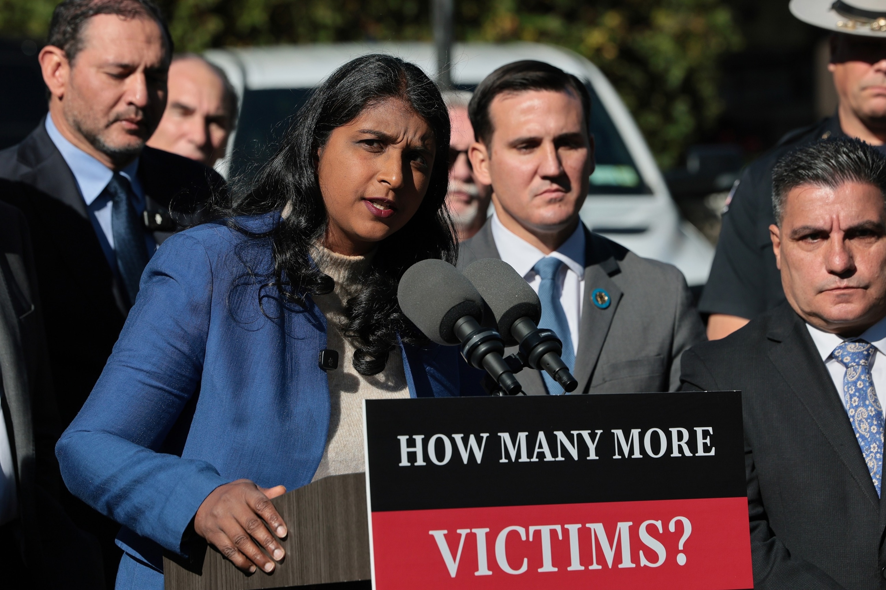 Republican attorney general candidate Saritha Komatireddy speaks during a press conference on October 06, 2026 in Chappaqua, New York.Michael M. Santiago/Getty Images