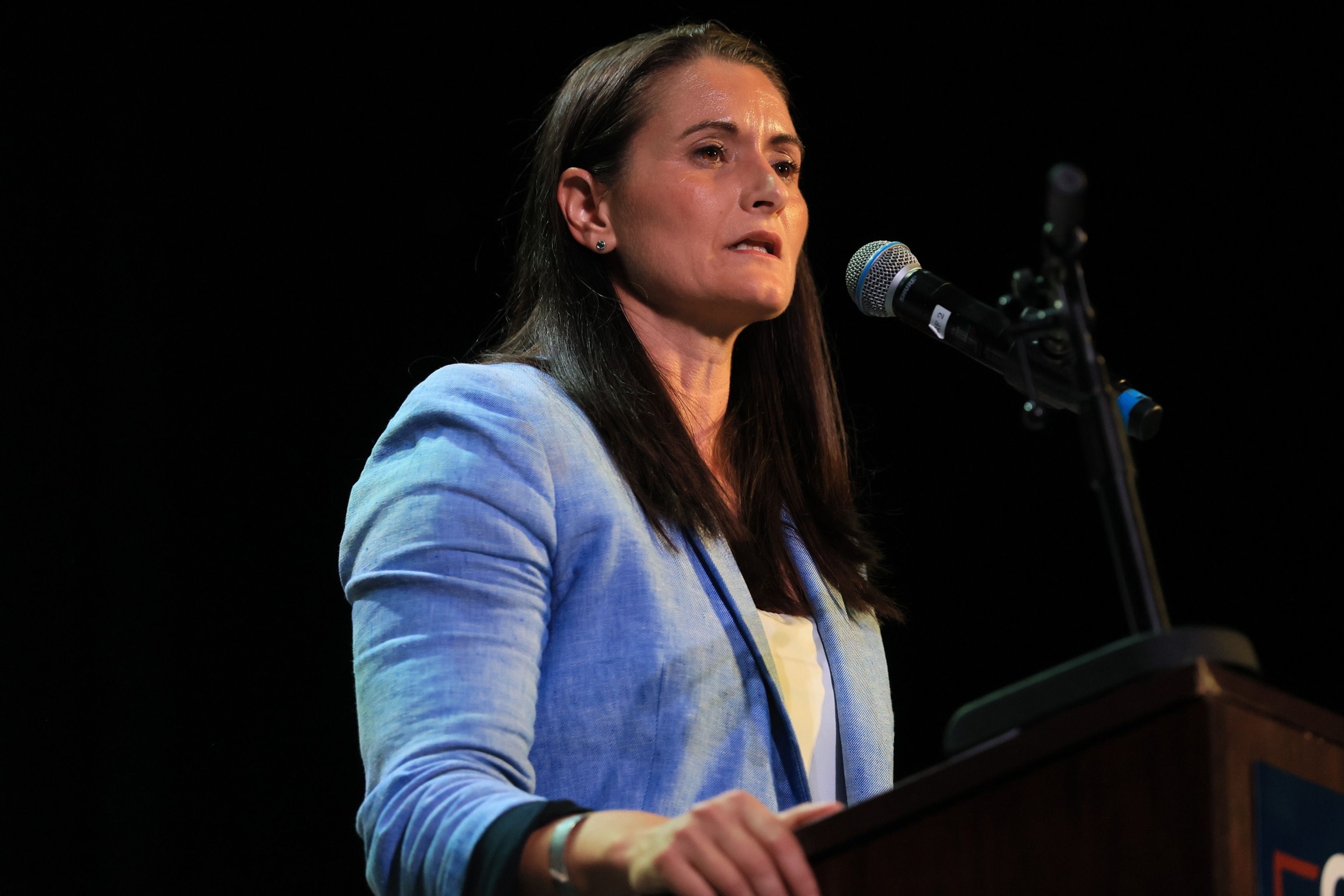 Cait Conley, who is challenging U.S. Representative Mike Lawler to represent New York's 17th Congressional District, speaks to supporters on September 16, 2026 in Tarrytown, New York.Spencer Platt/Getty Images