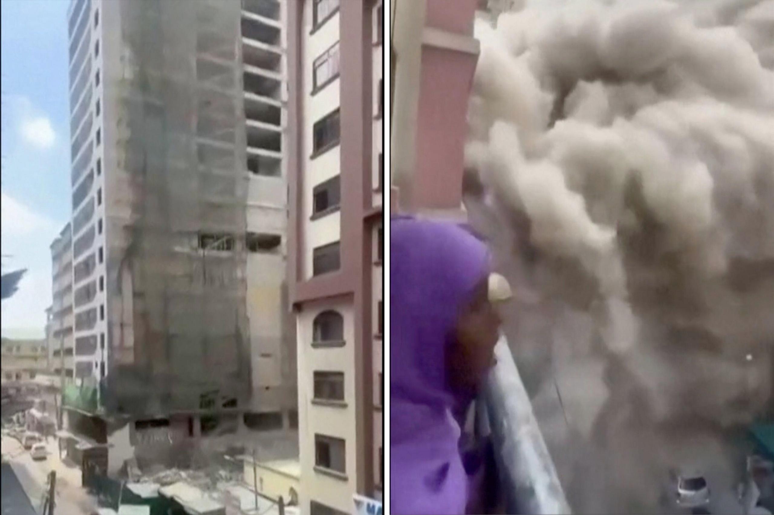 Image caption,Footage taken from nearby shows moments before (left) and moments after (right) the building collapsed