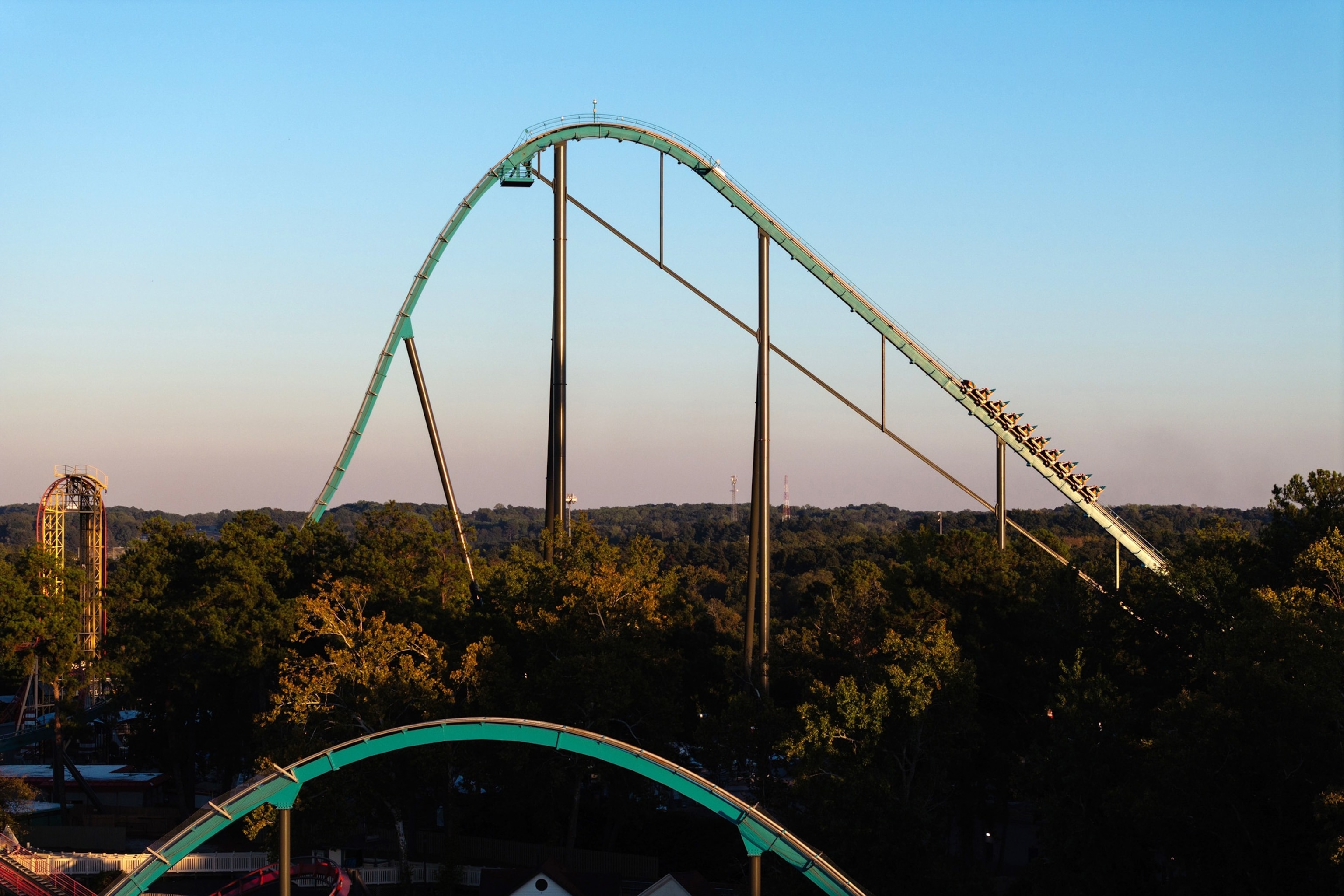 The tracks of the Goliath roller coaster are seen in the sky above Six Flags over Georgia on Oct. 14, 2026, in Austell, Georgia.Elijah Nouvelage/Getty Images