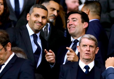 Andy Burnham, then mayor of Manchester, speaking to Manchester City’s chair, Khaldoon al-Mubarak, at the Etihad Stadium in September 2019.Photograph: Martin Rickett/PA