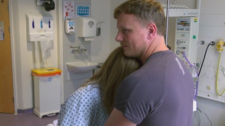 Faye and Will hug in One Born Every Minute. She will share with Channel 4 viewers the heartbreak of multiple miscarriages.Photograph: Dragonfly/Channel 4
