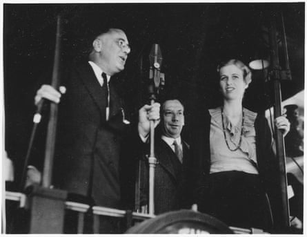 Franklin D Roosevelt speaks from the rear of a train alongside his daughter Anna in Redding in 1932.Photograph: National Archives and Records Administration