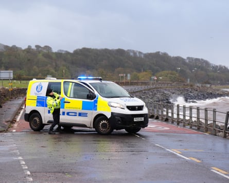 A road closure on the A78 near Skelmorlie in North Ayrshire after Storm Boelo passed through the area.Photograph: Jane Barlow/PA