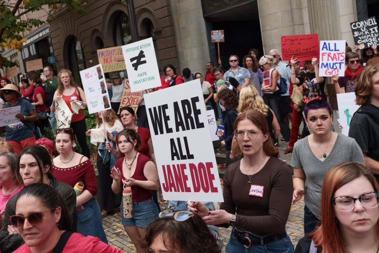 Protesters rally in support of Jane Doe at the Ithaca Commons on Oct. 13.Anna Moneymaker / Getty