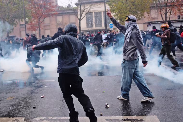 Although the demonstrations were largely peaceful Saturday, some clashes broke out, prompting French security forces to use tear gas and water cannons in several cities.Clement Souchet / NurPhoto via Getty