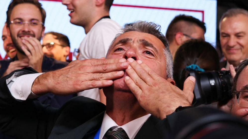 Image caption,Ilija Srdanović, Student List's leading candidate, pictured during celebrations late on Sunday