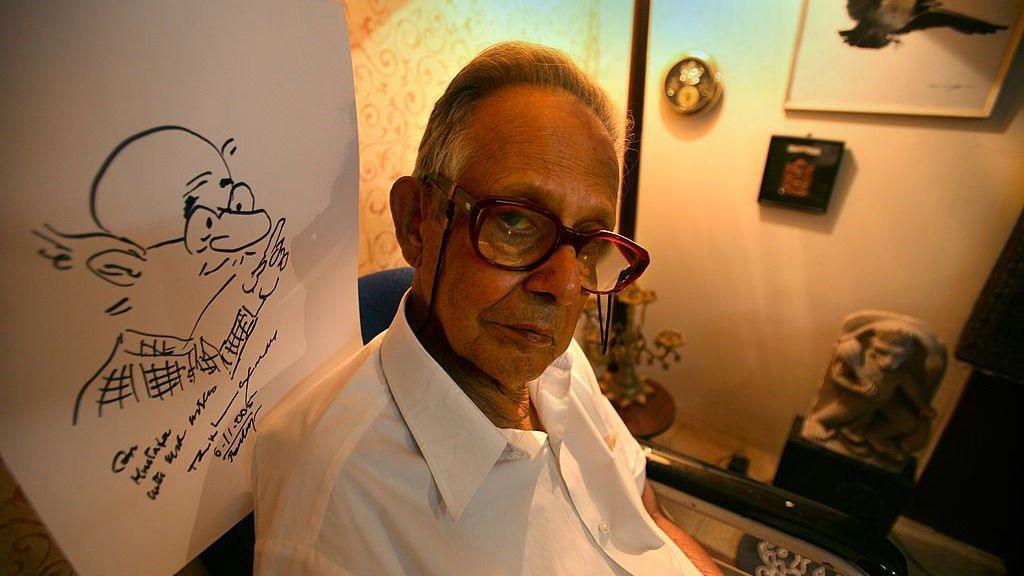 Image caption,RK Laxman is among the most recognisable political cartoonists in India