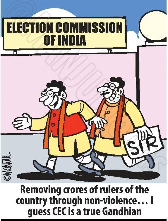 Image caption,One of Manjul's cartoons which criticised the controversial voter roll revision that has resulted in the removal of 130 million names from the electoral rolls