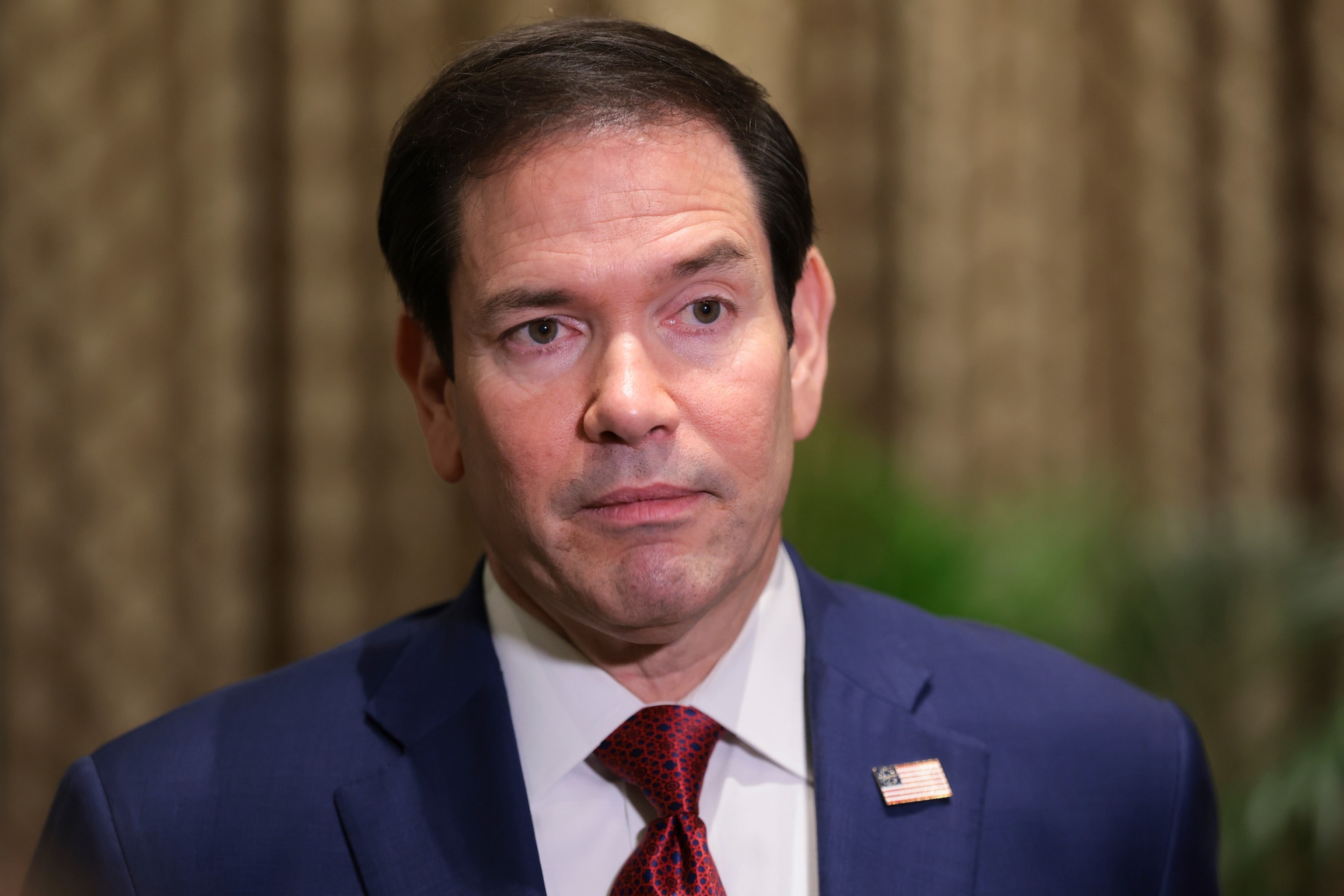 U.S. Secretary of State Marco Rubio looks on as he speaks with members of the media at the Taj Mahal Palace hotel in Mumbai, India, Wednesday, Oct. 21, 2026.Kylie Cooper/Pool Reuters via AP
