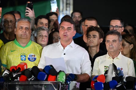 Flavio Bolsonaro speaks after the results of the general election were announced.Photograph: Ton Molina/Getty Images