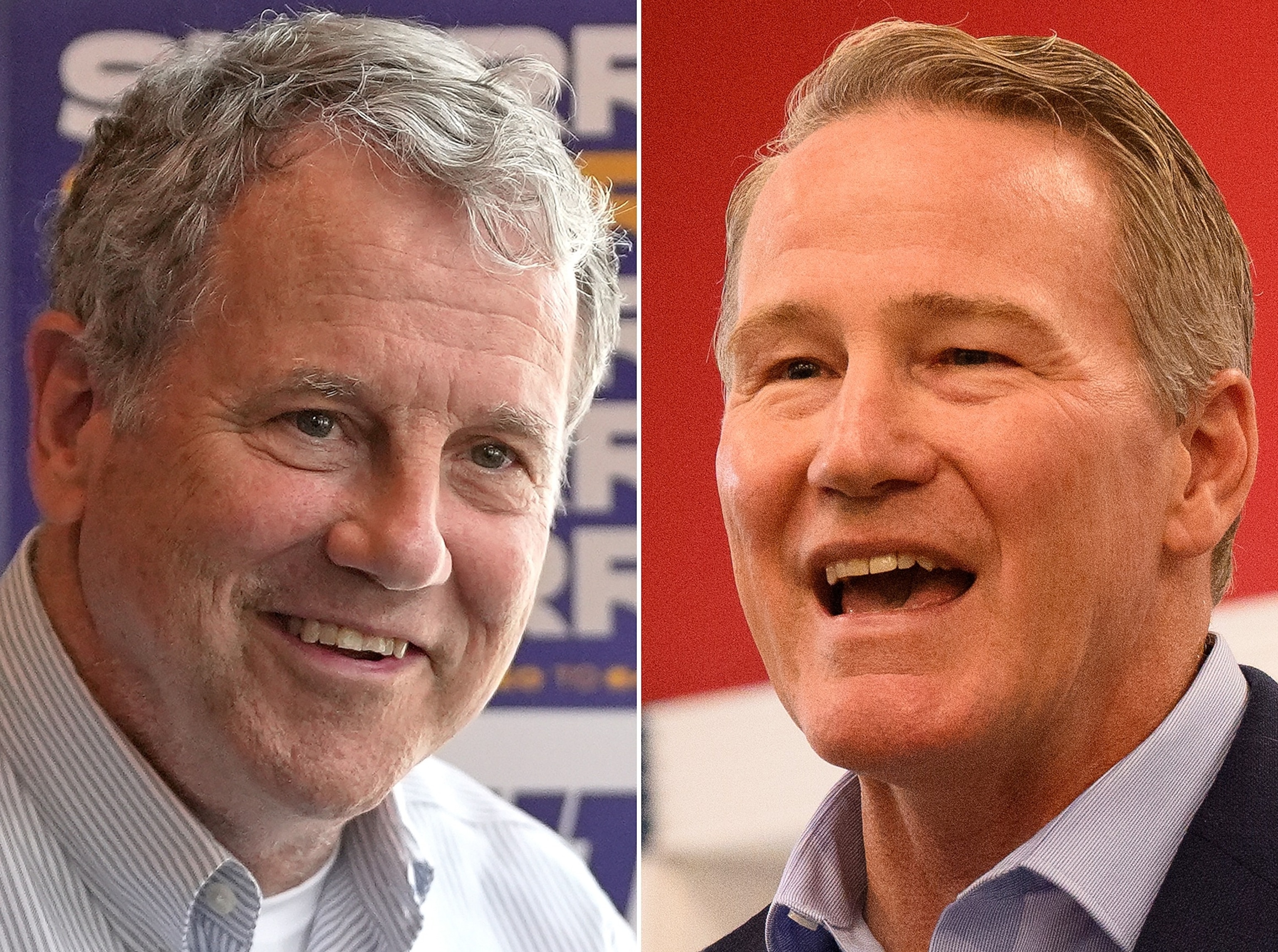 Democratic Ohio Senate candidate Sherrod Brown in Akron, Ohio, Thursday, July 16, 2026 and U.S. Sen. Jon Husted, October 15, 2026 in Boardman, Ohio.AP/Getty Images