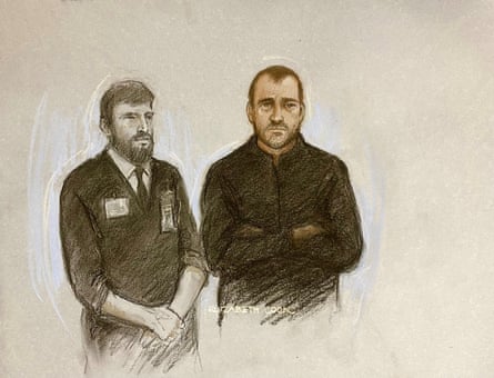 A court artist’s sketch of Philip Young, right, who has pleaded guilty to charges of abuse against his former wife.Photograph: Elizabeth Cook/PA