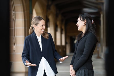 Jacinda Ardern and University of Sydney master of science-sustainability studies student Ting-Jen Kuo.Photograph: Stefanie Zingsheim/The University of Sydney