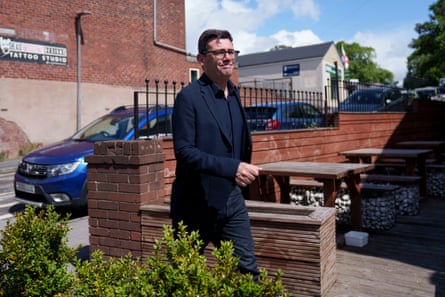 Andy Burnham on a campaign visit to Ashton-in-Makerfield before the Makerfield byelection.Photograph: Jon Super/AP