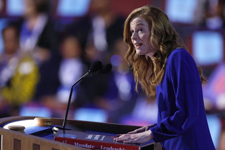 Michigan state Sen. Mallory McMorrow speaks at the Democratic National Convention on Aug. 19, 2024.Kamil Krzaczynski / AFP via Getty Images file