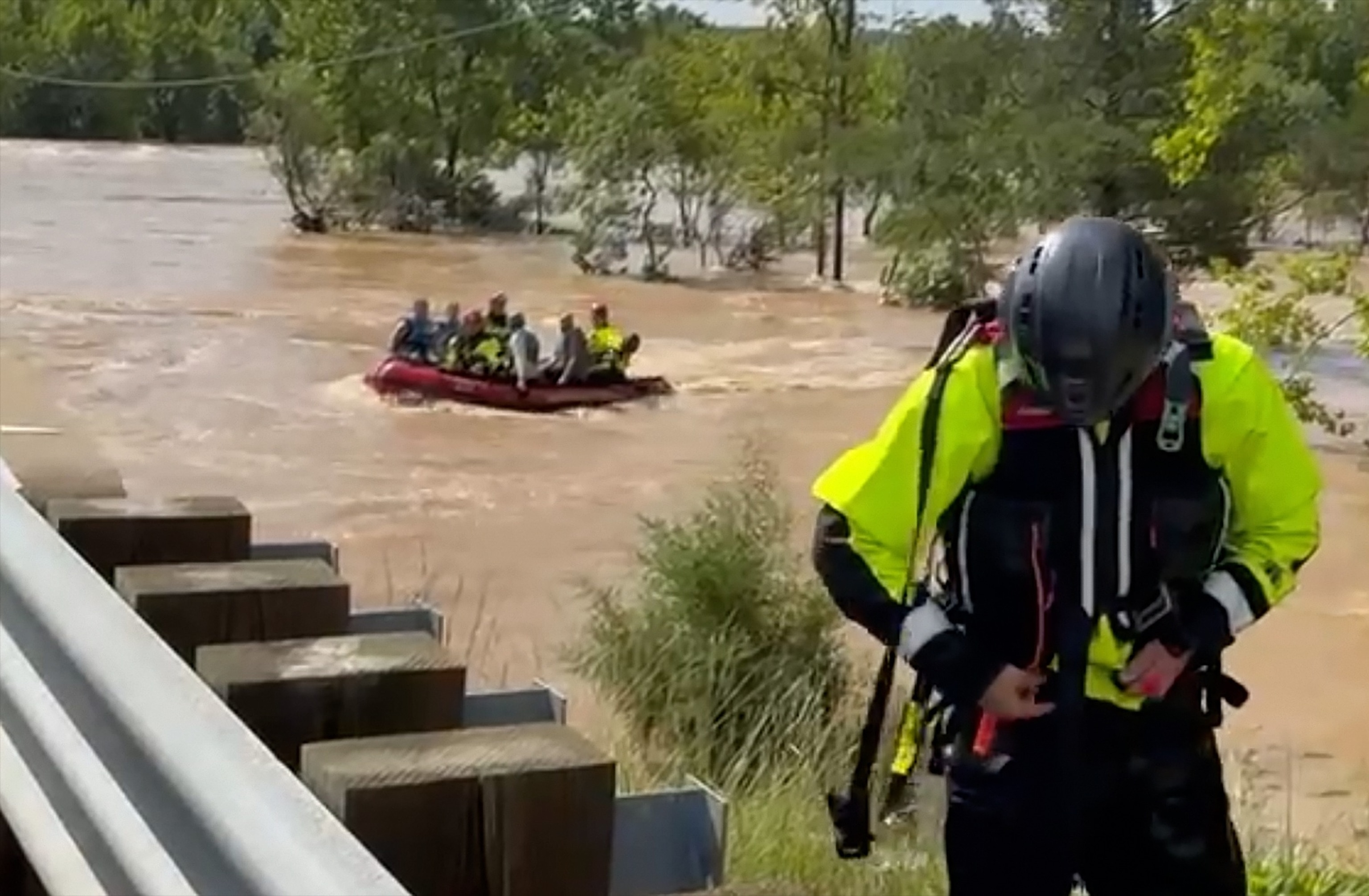 A rescue boat floats in the flooding waters of the Black River in Lesterville, Missouri, July 10, 2026.JoAnn Franklin