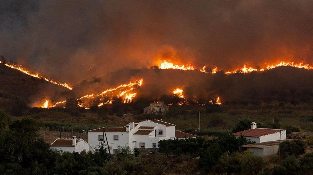 Image caption,Wildfire as it creeps towards residential buildings near the municipality of El Pocico