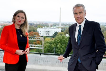Dermot Murnaghan and Cordelia Lynch prepare for their UK TV coverage of the US presidential election in 2020.Photograph: Paul Morigi/Getty for Sky News