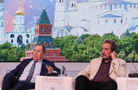 Russia’s foreign minister, Sergei Lavrov, on stage at an event in Moscow with Errol Musk, right, in 2025.Photograph: Shamil Zhumatov/Reuters