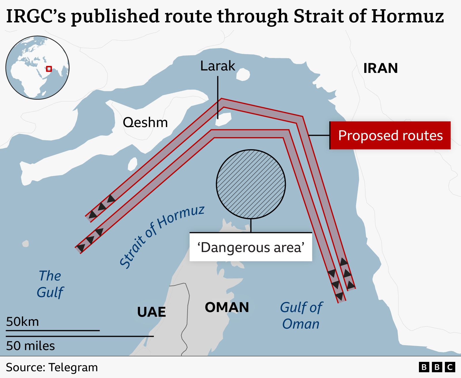 Image caption,The IRGC has said ships must use their proposed route through the Strait of Hormuz
