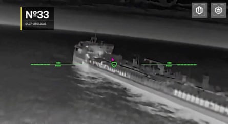 Footage of what the Ukranian military says is a successful strike on a Russian tanker in the Sea of Azov.Photograph: Commander of Unmanned Aerial Systems Force/Reuters