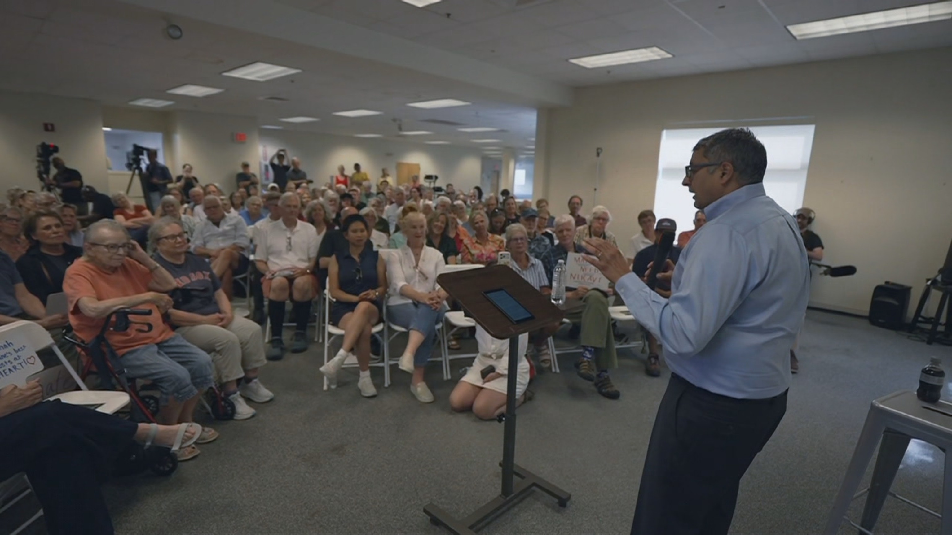 Maine Democratic Senate hopeful Dr. Nirav Shah speaks to a town hall meeting in Freeport, Maine, on July 11, 2026.ABC News