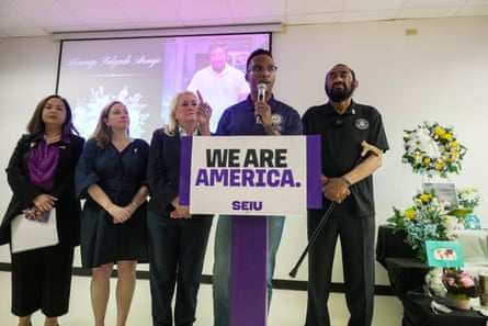 Christian Menefee speaks during a vigil for Lorenzo Salgado Araujo as Representatives Sylvia Garcia and Al Green look on in Houston, Texas, on Saturday.Photograph: Raquel Natalicchio/Houston Chronicle/AP