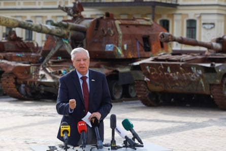 Lindsey Graham speaks to the media in Kyiv on 10 July after his meeting with Volodymyr Zelenskyy amid Russia’s attack on Ukraine.Photograph: Valentyn Ogirenko/Reuters
