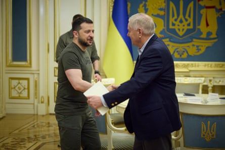 Volodymyr Zelenskyy welcomes Lindsey Graham before their meeting in Kyiv, Ukraine, on 26 May 2023.Photograph: Ukrainian Presidential Press Service/Reuters