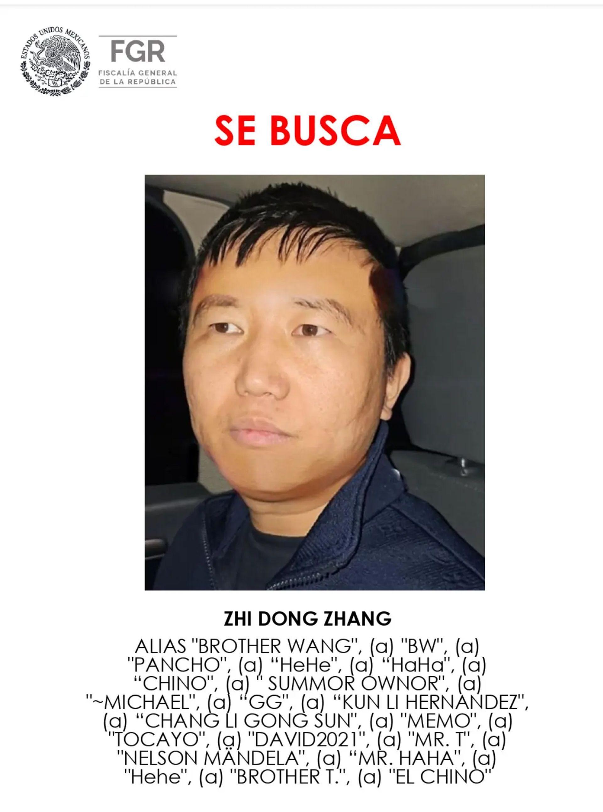 Image caption,A wanted poster for Zhang issued by Mexican authorities lists many aliases, including Brother Wang and Mr T