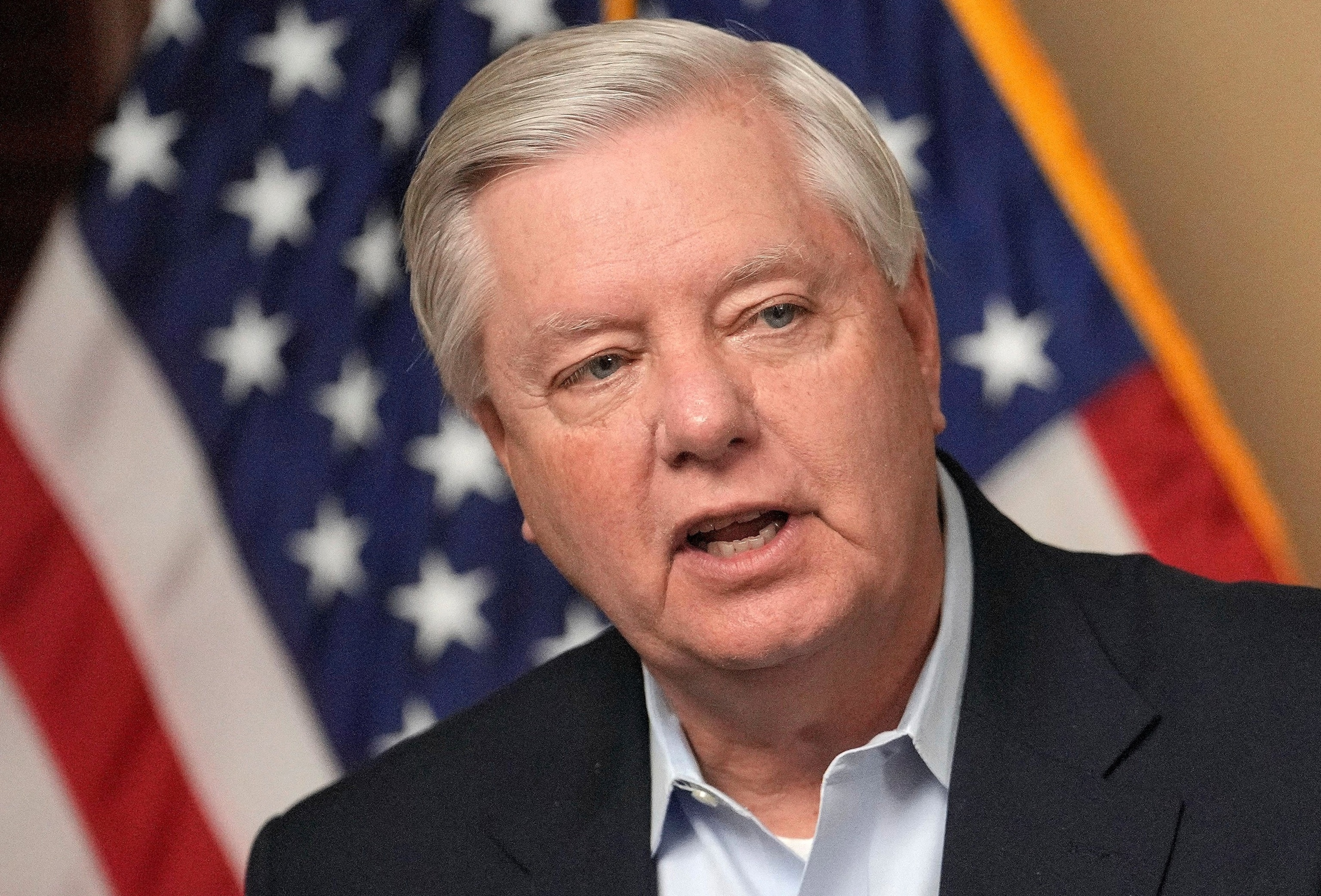 Sen. Lindsey Graham speaks to the media in Kyiv, Ukraine, March 18, 2024.Vadim Ghirda/AP Photo, Files