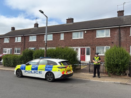 Police outside a house in Rotherham on Monday. A 28-year-old man was arrested in the town in connection with Widdecombe’s death.Photograph: Dave Higgens/PA