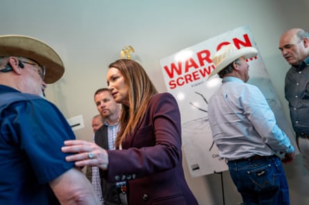 The US agriculture secretary, Brooke Rollins, greets ranchers at the conclusion of a press conference at on 8 June 2026 in Kerrville, Texas.Photograph: Brandon Bell/Getty Images