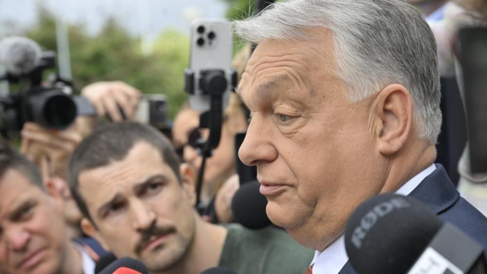 Image caption,Viktor Orbán has hardly been seen in public since his Fidesz's party defeat in the election