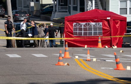The scene on Pool Street where the man was killed.Photograph: Gregory Rec/Portland Press Herald/AP