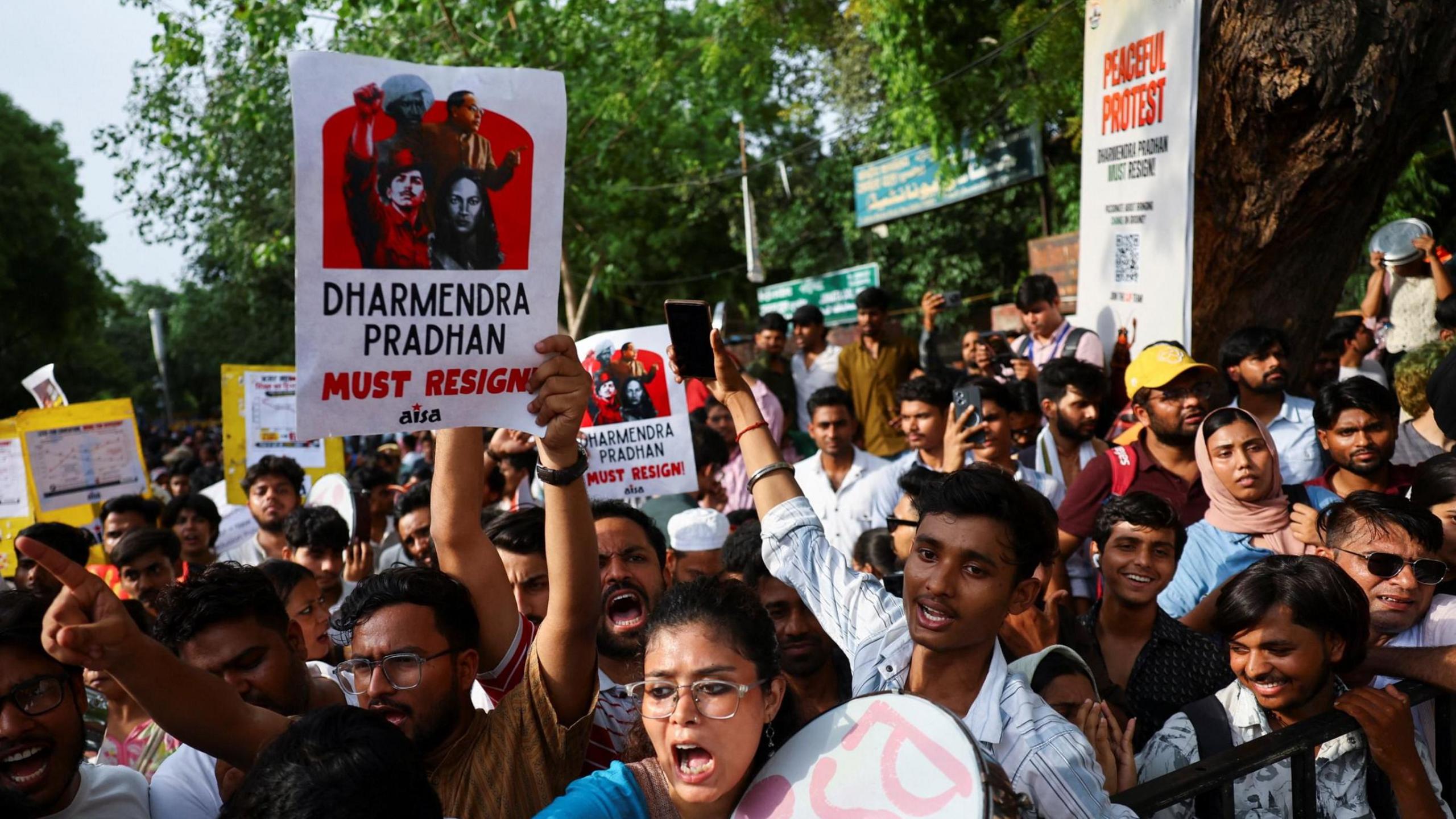 Image caption,Students and activists from across the country have gathered at Jantar Mantar, all calling for reforms to India's education system