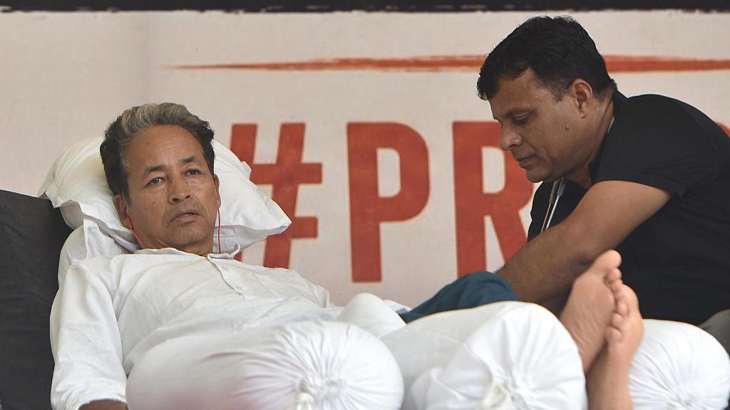 Image caption,Wangchuk has lost more than 8kg since beginning his hunger strike and his blood sugar levels are also low